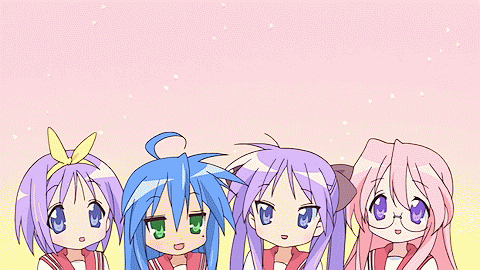 a girl with blue hair and green eyes is pointing at another girl with purple hair