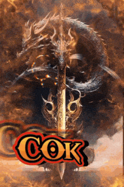 a picture of a dragon and a sword with the word kok on it