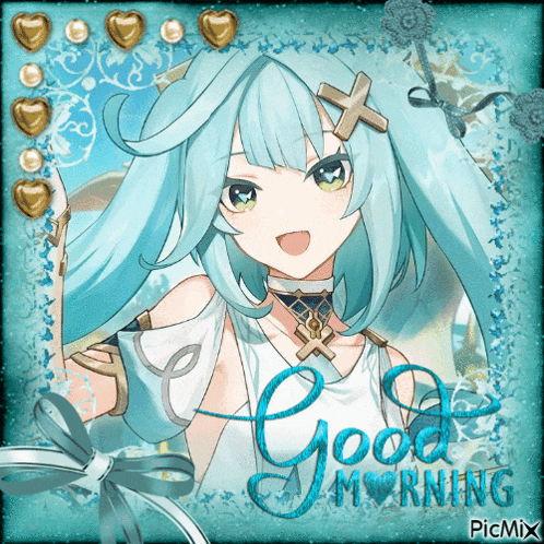 a picture of a girl with blue hair and the words good morning on it