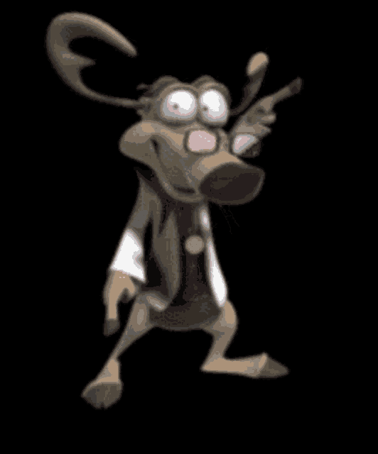 a cartoon moose wearing a lab coat and glasses is pointing