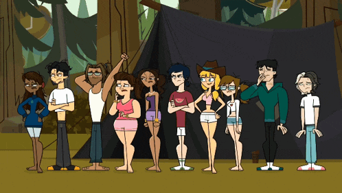 a group of cartoon characters standing next to each other in front of a tent