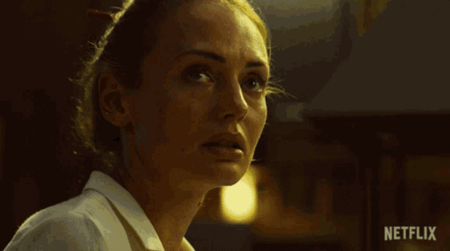 a close up of a woman 's face with a netflix logo in the background