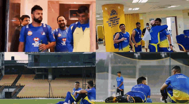 a collage of photos of a cricket team wearing blue and yellow uniforms
