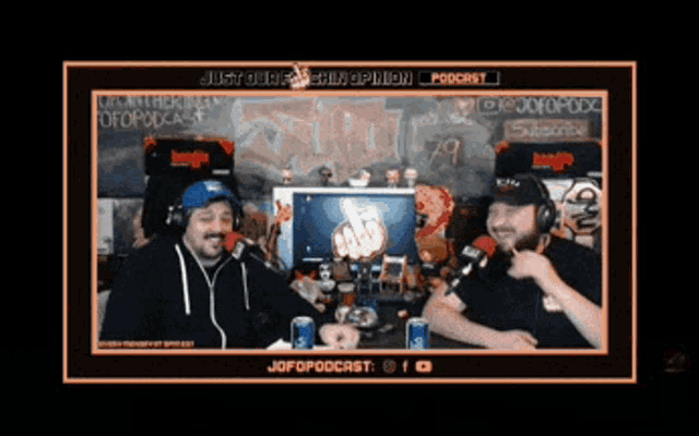 two men are sitting in front of a microphone and a screen that says jofopodcast on it
