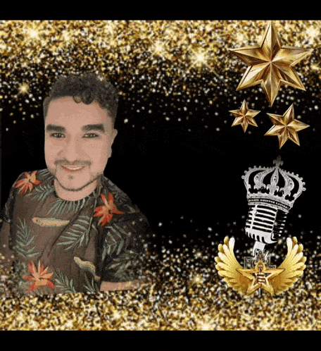 a man in a floral shirt is smiling in front of a microphone with a crown on it