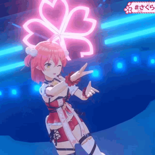 a girl in a red dress is dancing in front of a neon sign that says ' sakura ' on it