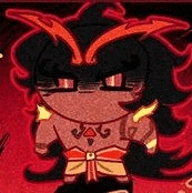 a cartoon character with horns and a bow is standing in a dark room .