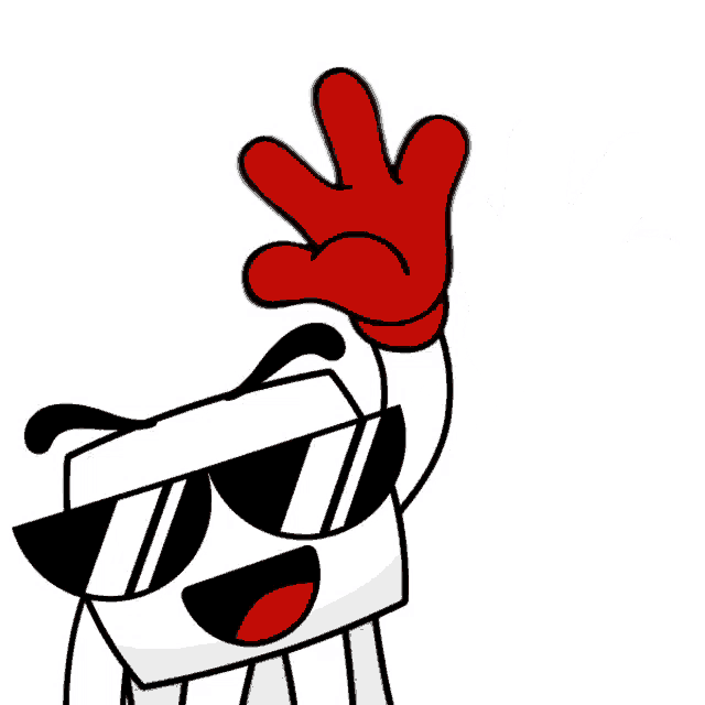 a cartoon character wearing sunglasses and a red glove is waving his hand