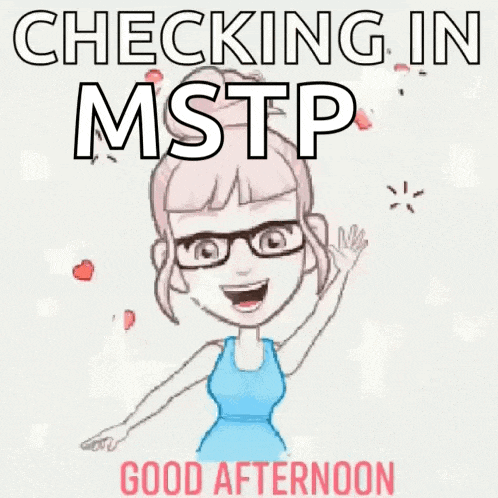 a cartoon of a woman waving with the words checking in mstp good afternoon