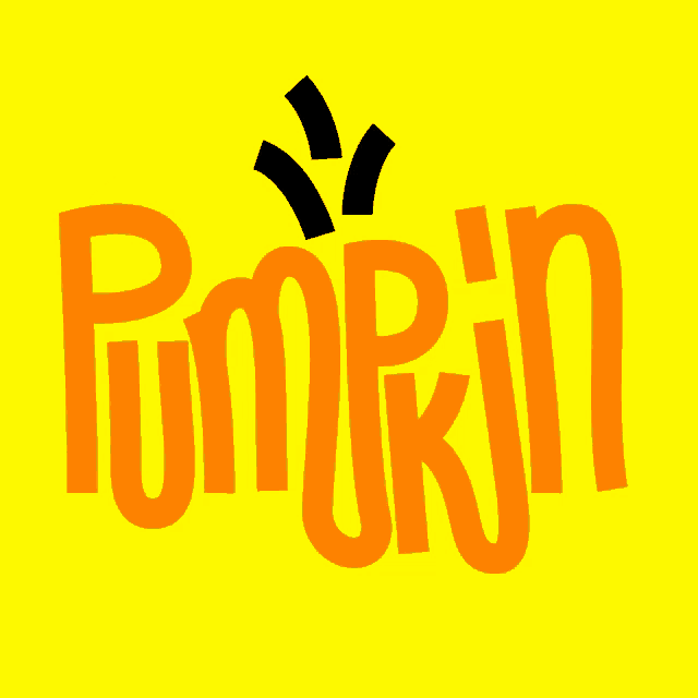 an orange pumpkin with a black stem is on a yellow background