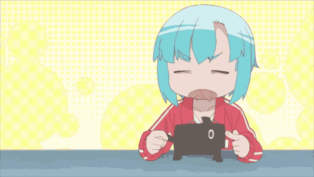 a girl with blue hair and a red jacket is playing a game