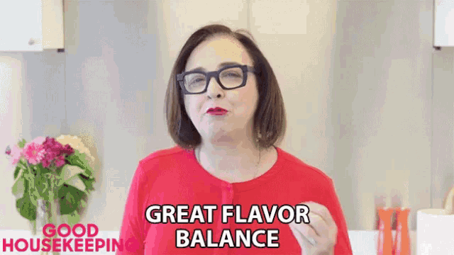 a woman wearing glasses and a red shirt says " great flavor balance "