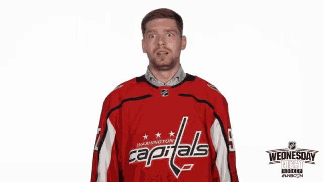 a man in a red washington capitals jersey makes a funny face