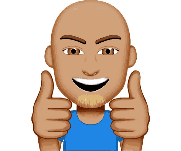 a bald man with a beard and a blue shirt is giving two thumbs up