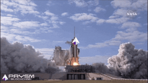 a picture of a rocket being launched by nasa with a prism blockchain logo in the corner