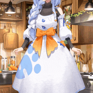 a girl in a white dress stands in a kitchen next to a stove