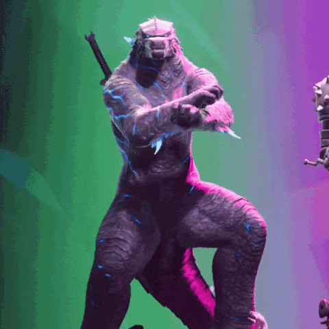 a statue of a monster with a sword and a purple background