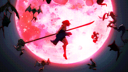 a girl with a sword is surrounded by bats and a full moon