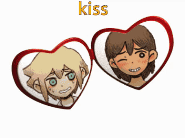 two cartoon characters in heart shaped frames with the word kiss in yellow