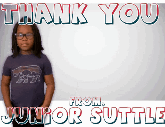 a girl in a purple shirt is standing in front of a thank you from junior suttle sign