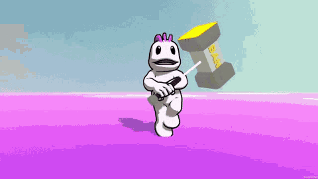 a cartoon character holding a hammer and a flag