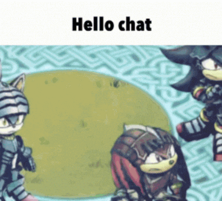 a group of sonic the hedgehog characters standing next to each other with the words hello chat above them .