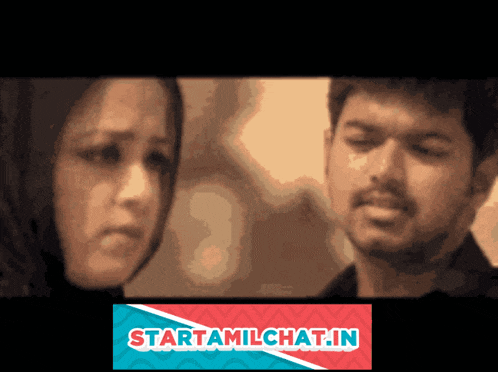 a man and a woman are looking at each other with a starttamilchat.in logo in the background