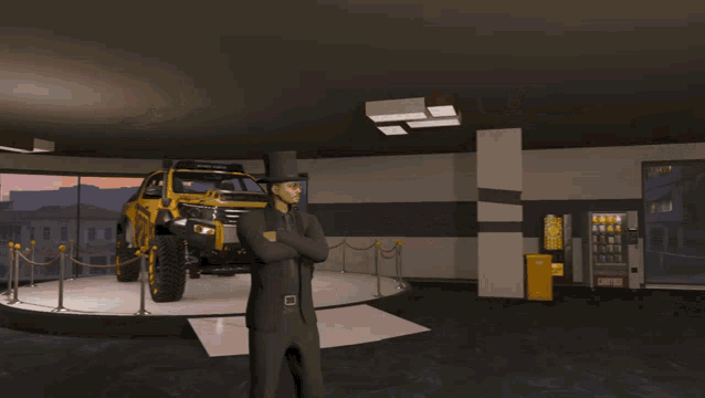 a man in a top hat stands in front of a ronzkarz vehicle