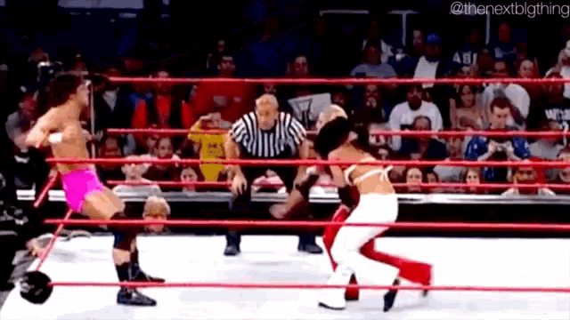 a man and a woman are wrestling in a ring .