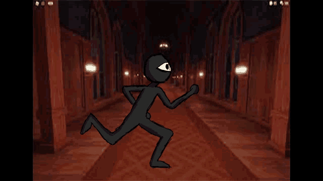 a cartoon character is running down a hallway in a dark room .