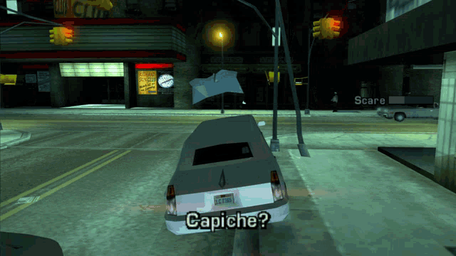 a video game scene with a car that says " capiche "