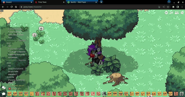 a screenshot of a video game called pony town shows a purple pony sitting under a tree