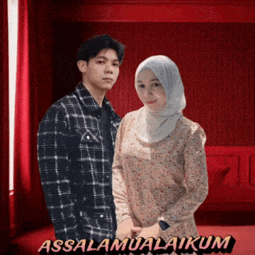 a man and a woman standing next to each other with the words assalamualaikum written on the bottom