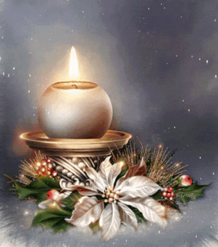 a lit candle in a candle holder surrounded by flowers and leaves