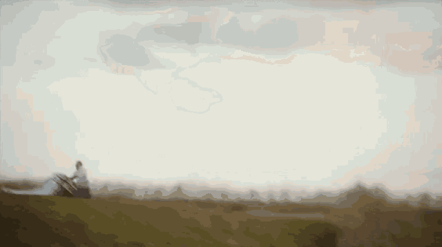 a blurred image of a person standing on top of a grassy hill