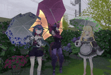 a group of anime girls holding umbrellas in the rain