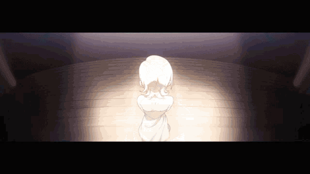 a girl in a white towel stands in a dark room