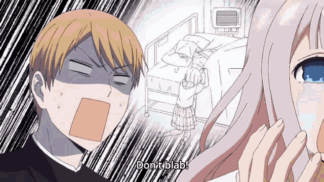 a cartoon of a girl crying and a boy saying " don 't blab "