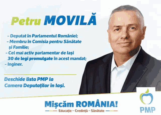 a man in a suit is featured on a poster for petru movila
