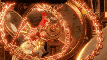 a cartoon character is surrounded by chains and a clock with the number 3 on it