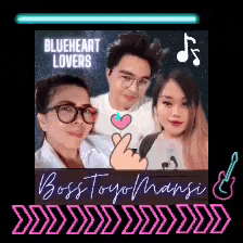 a group of people are posing for a picture with the words blueheart lovers written on the bottom