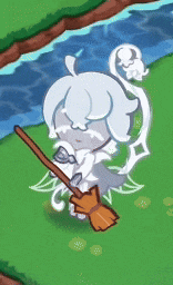 a cartoon character is holding a broom and standing on a grassy field .
