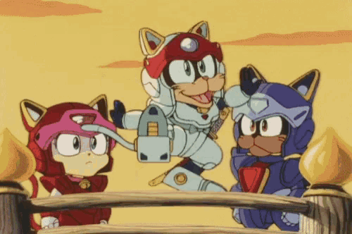 a group of cartoon characters standing on a wooden bridge