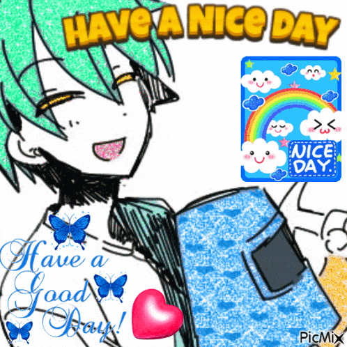 a have a nice day greeting card with a boy and a rainbow