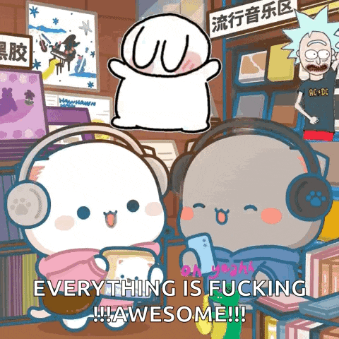 a couple of cartoon characters wearing headphones are standing next to each other in a room .