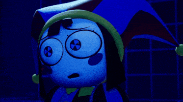 a blue cartoon character with a green hat and a sad look on his face