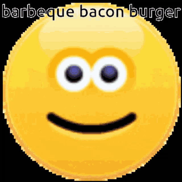 a pixel art smiley face with the words barbeque bacon burger below it