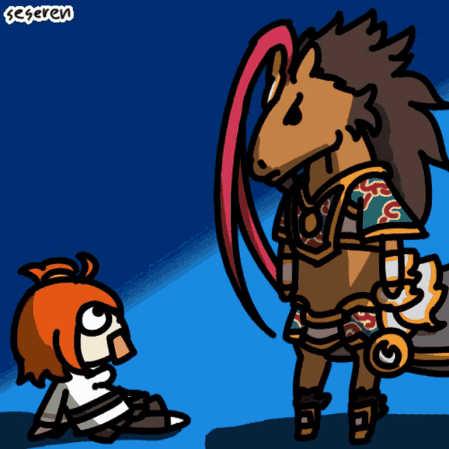 a cartoon of a horse standing next to a person with a sticker that says secreen