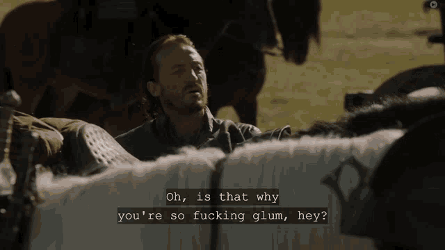 a man talking to a horse with the words oh is that why you 're so fucking glum hey written below him