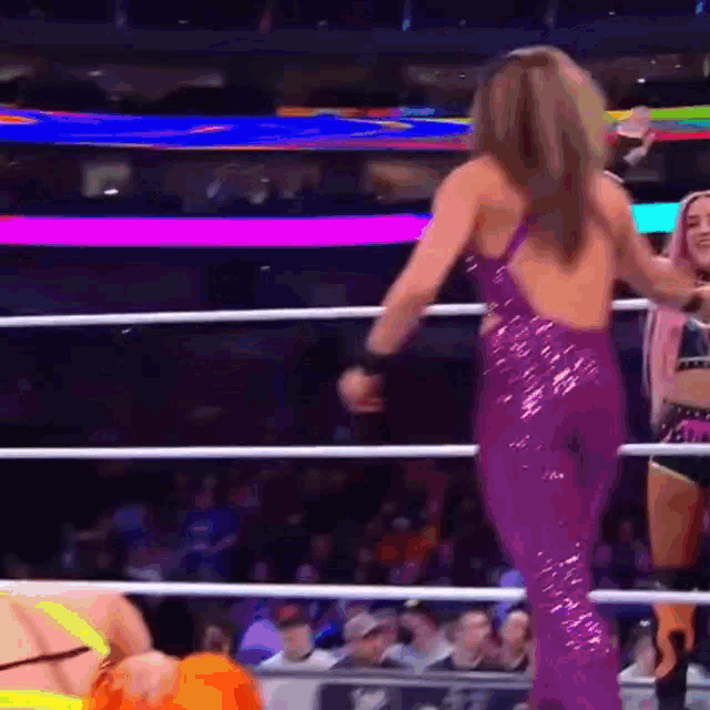 a woman in a purple dress is standing in a wrestling ring with another woman .